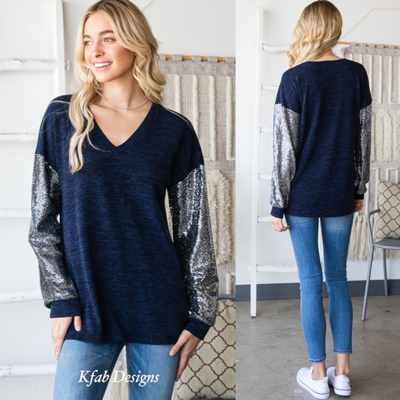 ❤️LAST! V Neck Midnight Blue Super Soft Sequin Sleeve Top! - Picture 4 of 16
